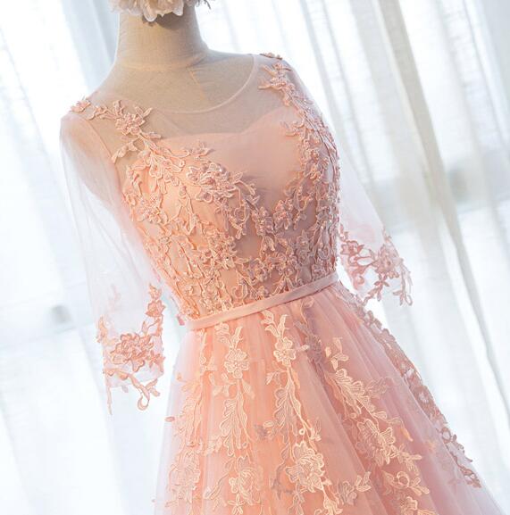 Beautiful Pink Tulle 1/2 Sleeves with Lace Applique Bridesmaid Dress, Long Prom Dress