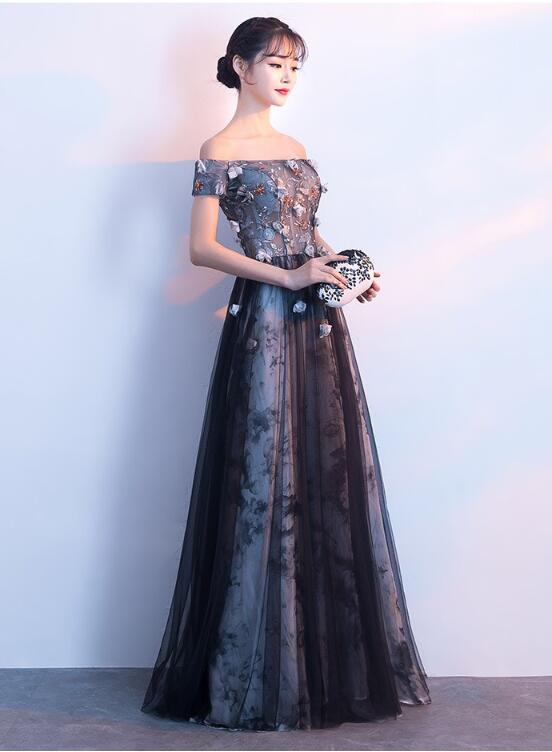 Beautiful Off Shoulder A-line Tulle with Floral Lace Applique, Long Evening Dress