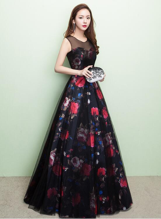 Beautiful A-line Black Round Neckline Party Dress, Long Floral Evening Gown