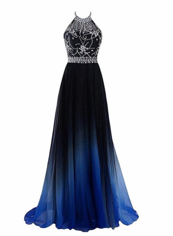 New Chiffon Blue Gradient Beaded Party Dress, A-line Long Prom Dress