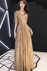 Shiny Sequins Golden Long Bridesmaid Dress, V-neckline Prom Dress