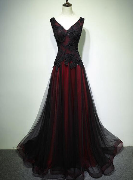 Gorgeous Black and Red V-neckline Tulle Beaded Prom Dress, Long Evenin Cutedressy Gorgeous Black and Red V-neckline Tulle Beaded Prom Dress, Long Evenin Cutedressy