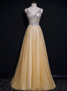 Light Champagne Sequins Shiny Tulle Long Prom Dress, Elegant Party Dress