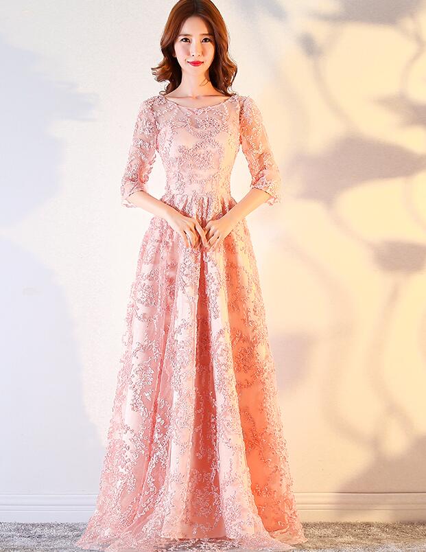 Pink Lace A-line Short Sleeves Bridesmaid Dress, Pink Long Party Dresses