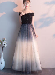 Beautiful Black Off Shoulder Tulle Gradient Long Party Gown, Long Prom Dress