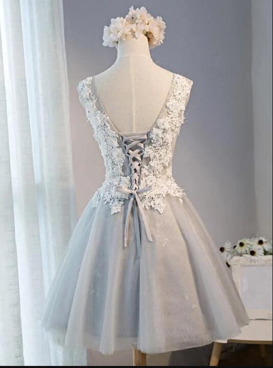 Light Grey Knee Length Tulle and Lace Party Dress, Grey Homecoming Dresses