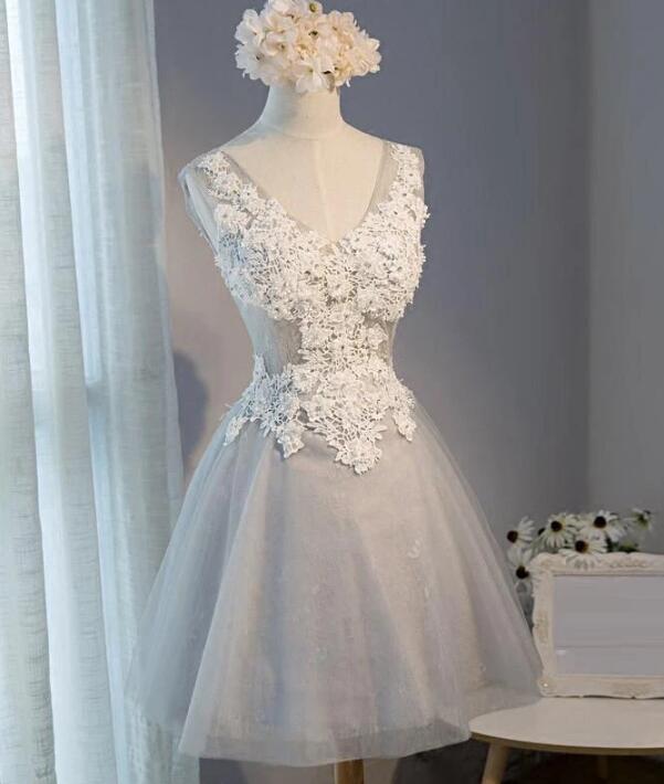 Light Grey Knee Length Tulle and Lace Party Dress, Grey Homecoming Dre Cutedressy Light Grey Knee Length Tulle and Lace Party Dress, Grey Homecoming Dre Cutedressy