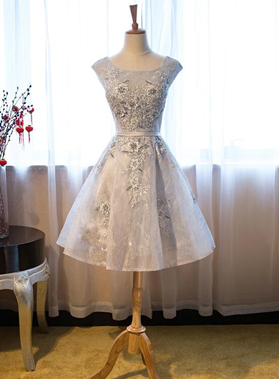 Light Grey Lace Short Homecoming Dress with Applique, Prom Dress Graduation Dress