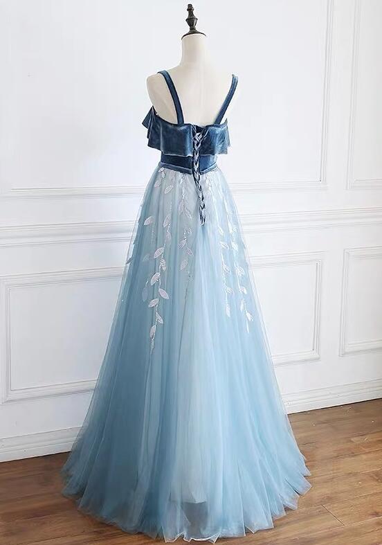 Blue Straps Beautiful Tulle and Velvet Long Party Dress, A-line Blue Evening Dress