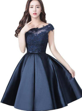 Beautiful Navy Blue Satin and Lace Knee Length Homecoming Dress, Short Prom Dress