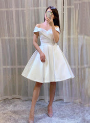 White Simple Satin Off Shoulder Knee Length Party Dress, Graduation Dr Cutedressy White Simple Satin Off Shoulder Knee Length Party Dress, Graduation Dr Cutedressy
