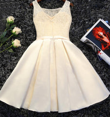 Ivory Satin Lace Round Neckline Knee Length Party Dress, Short Prom Dress