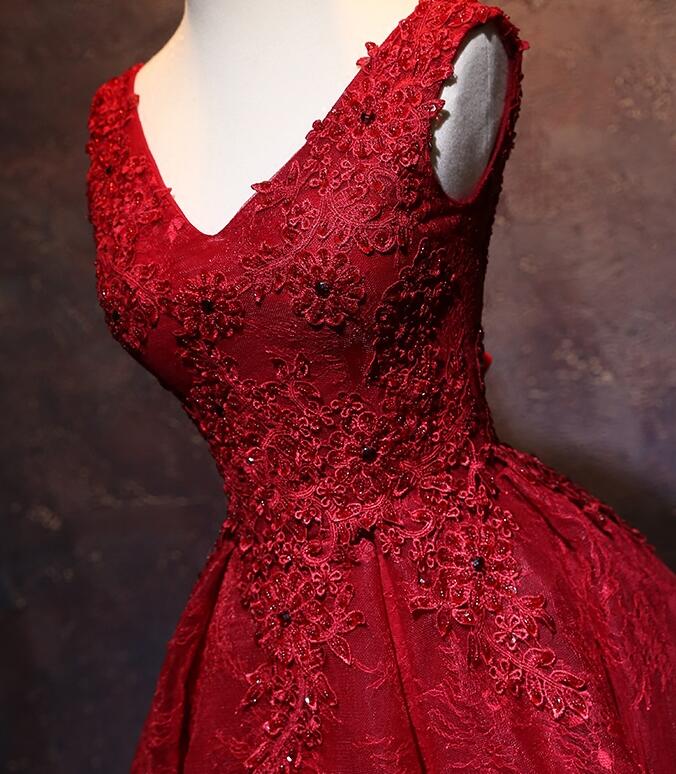 Wine Red Short Lace Cute Homecoming Dress, V-neckline Lace-up Teen Par Cutedressy Wine Red Short Lace Cute Homecoming Dress, V-neckline Lace-up Teen Par Cutedressy