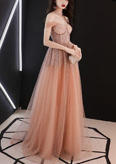 Sparkly Off Shoulder  A-Line Sequins Peach Long Prom Dress, Tulle Evening Gown