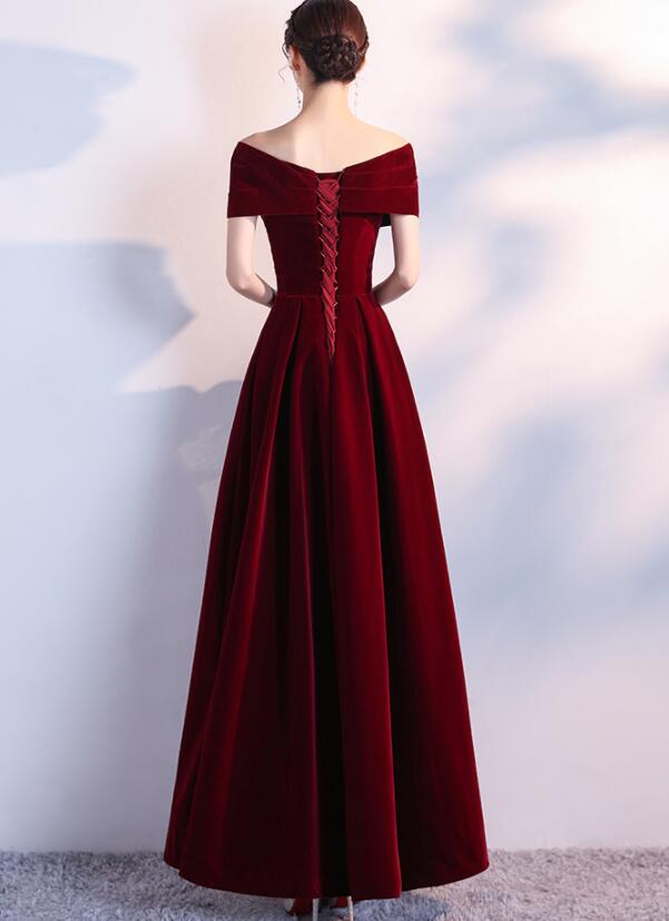 red off the shoulder maxi dress Elegant Wine Red Long Off Shoulder Velvet Party Dress, A-line Long Pro – Cutedressy