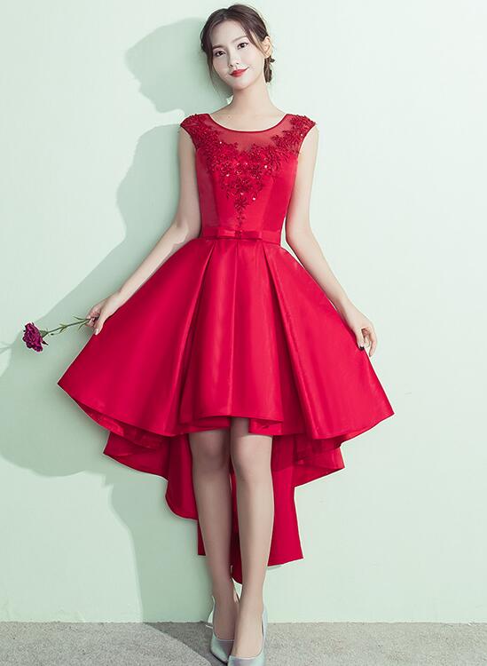 Lovely Satin High Low Round Neckline Party Dress, Red Homecoming Dress