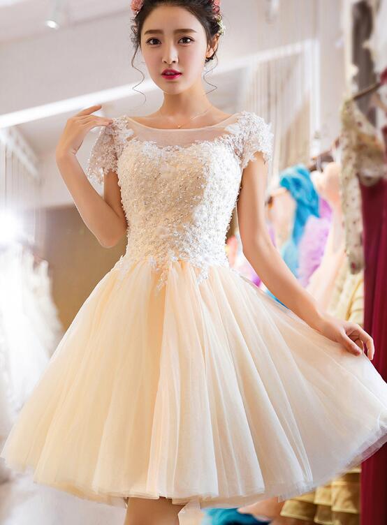 Light Champagne Tulle Short Party Dress, Lace Applique with Beadings Homecoming Dress