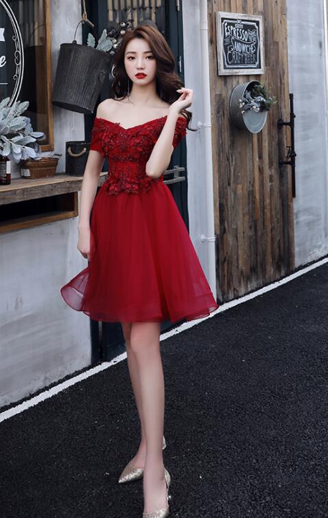 Off-the-shoulder Homecoming Dress Burgundy Short Prom Dress, SH265