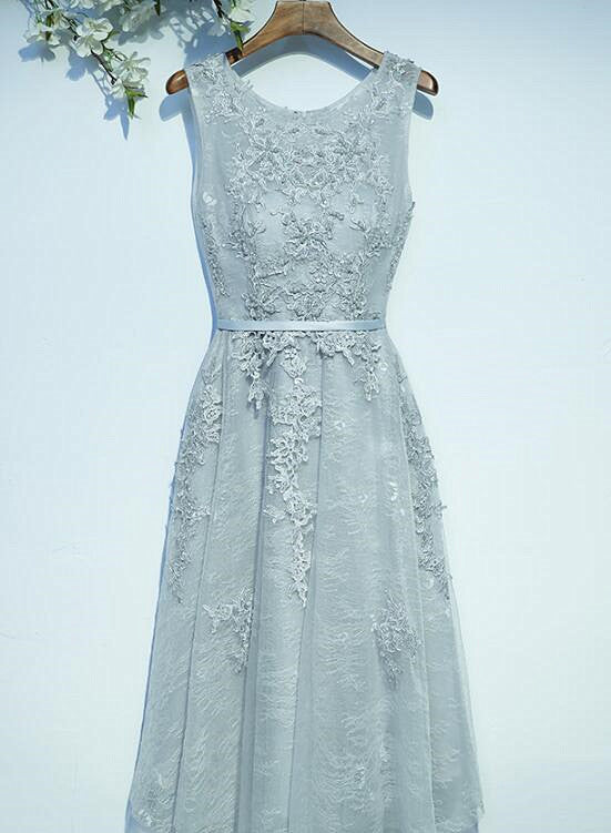 Light Grey Tea Length Round Neckline Bridesmaid Dress, Short Wedding Party Dress