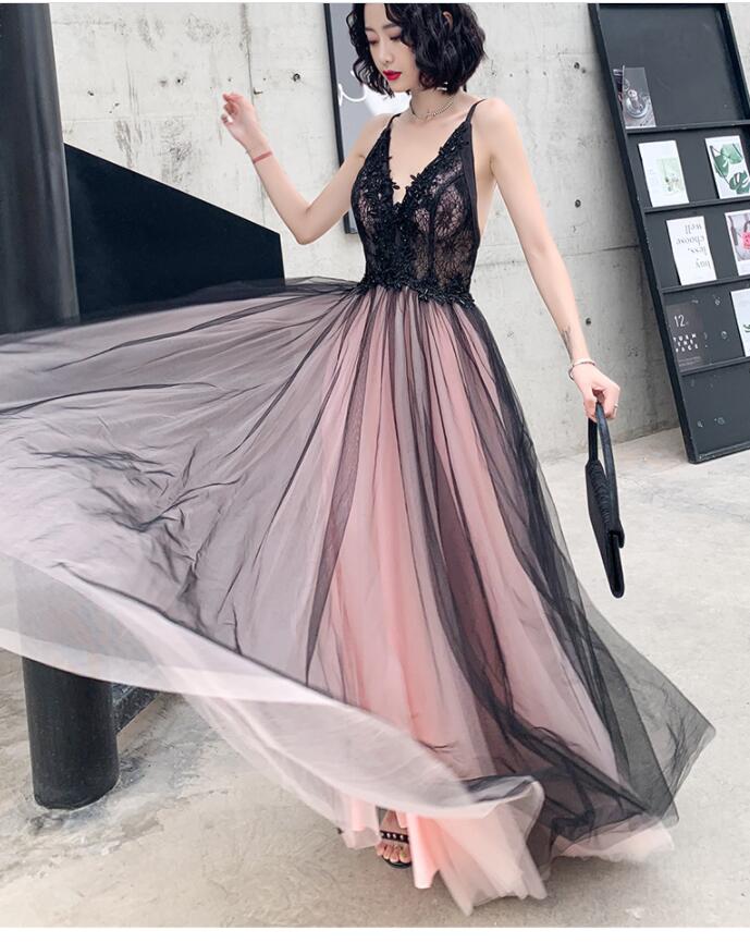 Fashionable Pink and Black Tulle V-neckline Party Dress, Pink Lace Applique Evening Gown Fashionable Pink and Black Tulle V-neckline Party Dress, Pink Lace Applique Evening Gown