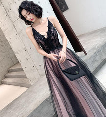 Fashionable Pink and Black Tulle V-neckline Party Dress, Pink Lace Applique Evening Gown