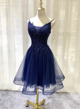 Navy Blue V-neckline Tulle Short Homecoming Dress, Lace Applique Short Party Dress