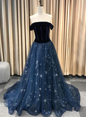 Navy Blue New Style Long Off Shoulder Prom Dress, A-line Formal Dress, Evening Dress