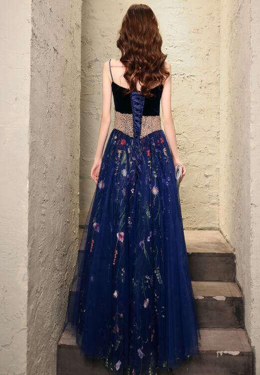 Charming Navy Blue Velvet and Tulle Floral Straps Evening Dress, Blue Formal Dress Prom Dress