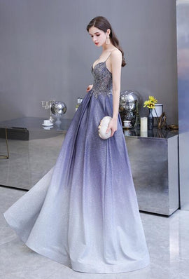 Beautiful Lavender Gradient Beaded Straps Long Formal Dress, A-line Low Back Prom Dress