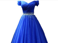 Blue Off Shoulder Beaded Sweetheart Party Dress, Blue Prom Dress Evening Gown