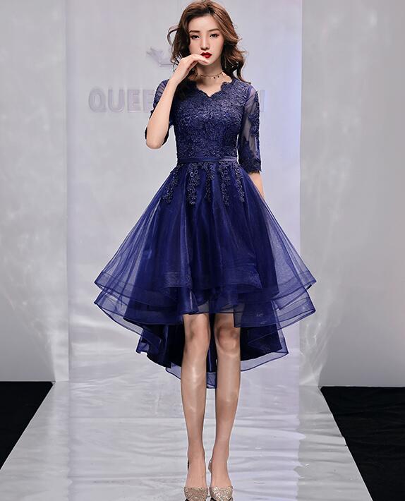 Navy Blue Short Sleeves High Low Homecoming Dress with Lace, Short Sleeves Prom Dress Party Dress