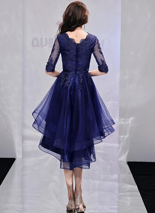 Navy Blue Short Sleeves High Low Homecoming Dress with Lace, Short Sle Cutedressy Navy Blue Short Sleeves High Low Homecoming Dress with Lace, Short Sle Cutedressy