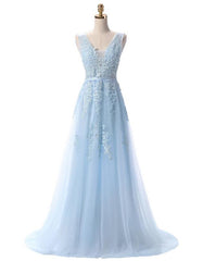 Blue Tull V-neckline Floor Length Low Back Party Dress, Blue Prom Dress Bridesmaid Dress