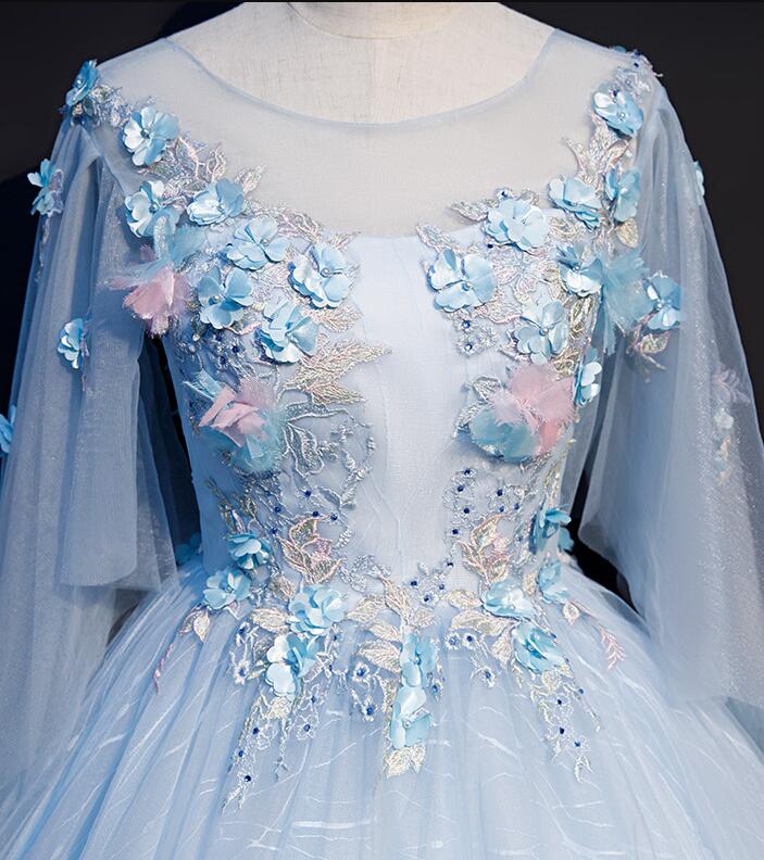 Light Blue Flowers Lace Round Neckline Ball Gown Sweet 16 Dress, Blue Cutedressy Light Blue Flowers Lace Round Neckline Ball Gown Sweet 16 Dress, Blue Cutedressy