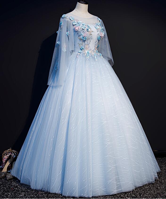 Light Blue Flowers Lace Round Neckline Ball Gown Sweet 16 Dress, Blue Long Formal Dresses Light Blue Flowers Lace Round Neckline Ball Gown Sweet 16 Dress, Blue Long Formal Dresses