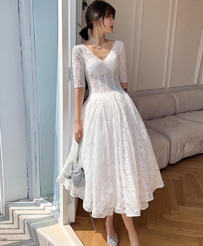 White Lace Short Sleeves Tea Length Wedding Party Dress, White Graduat Cutedressy White Lace Short Sleeves Tea Length Wedding Party Dress, White Graduat Cutedressy