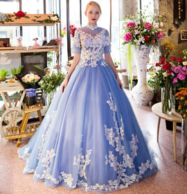 Blue Lace Short Sleeves Long Tulle Sweet 16 Gown, Blue Quinceanera Dresses