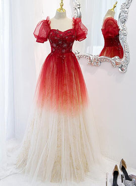 Beautiful Gradient Red Tulle Beaded Puffy Sleeves Formal Dress, A-line Tulle Prom Dresses