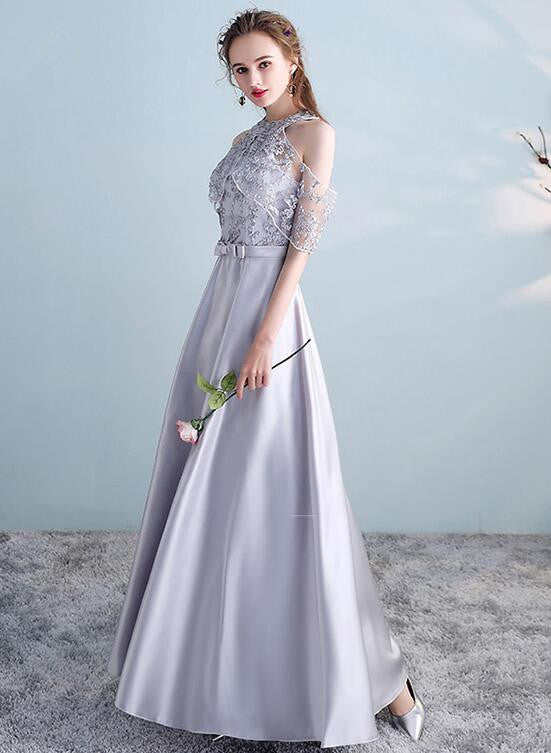 Sliver Grey Satin and Lace A-line Wedding Party Dresses, Cute Long Formal Dress Prom Dress