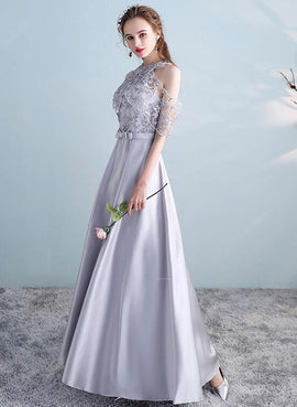 Sliver Grey Satin and Lace A-line Wedding Party Dresses, Cute Long Formal Dress Prom Dress