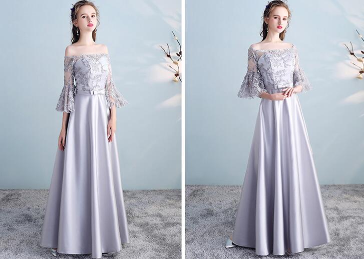 Sliver Grey Satin and Lace A-line Wedding Party Dresses, Cute Long Formal Dress Prom Dress