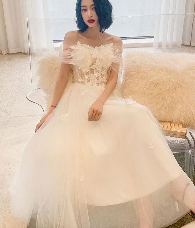 Cute White Tulle Tea length Off Shoulder Princess Party Dress, Lovely Cutedressy Cute White Tulle Tea length Off Shoulder Princess Party Dress, Lovely Cutedressy
