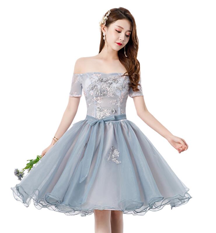 Lovely Organza Tulle Grey-Blue Short Sweetheart Lace Homecoming Dress, Short Party Dress