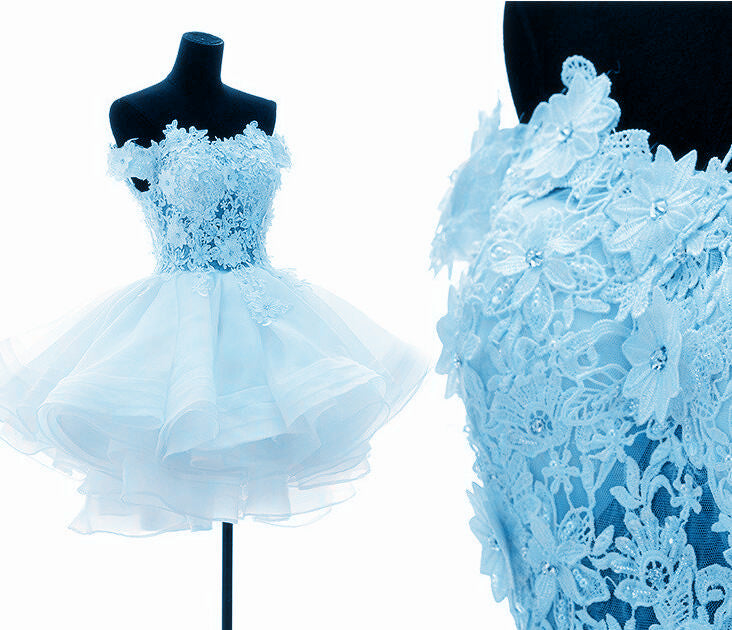 Adorable Light Blue Layers Organza Party Dress with Lace, Off Shoulder Cutedressy Adorable Light Blue Layers Organza Party Dress with Lace, Off Shoulder Cutedressy