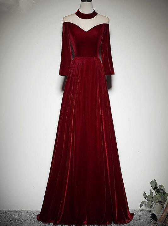 Burgundy Long Sleeves Round Neckline Party Dress, A-line Floor Length Prom Dresses