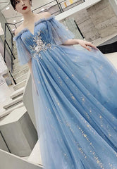 Light Blue Tulle Off Shoulder with White Lace Party Dress, Blue Formal Dress Gowns
