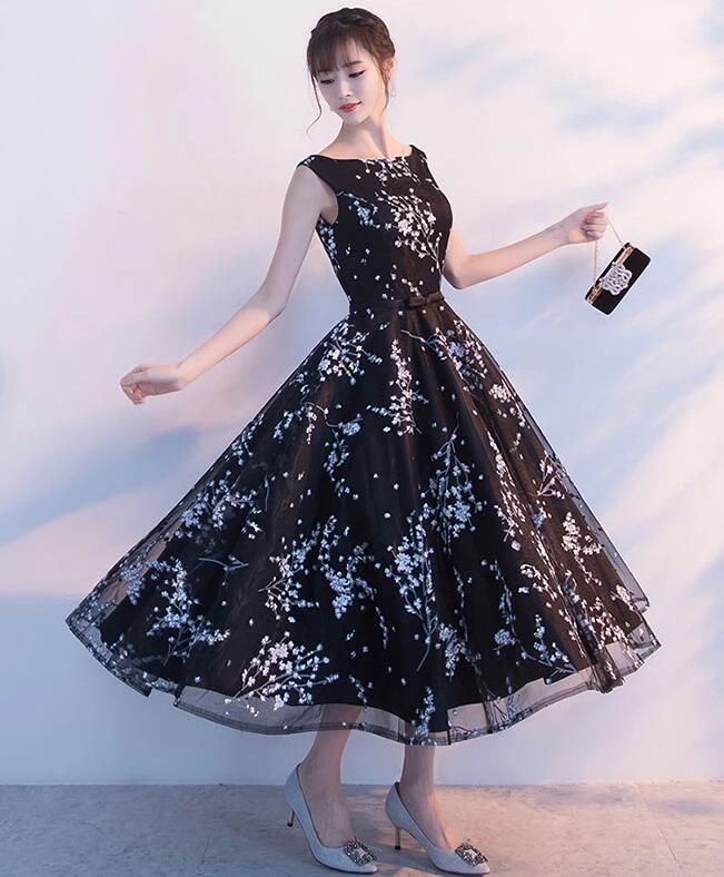 Black Floral Tea Length Evening Party Dress, Black Formal Dress Cutedressy Black Floral Tea Length Evening Party Dress, Black Formal Dress Cutedressy
