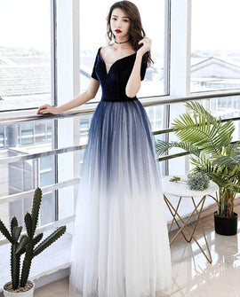 Elegant Tulle V-neckline Blue Evening Gown,Blue Formal Dress