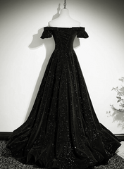 Black Velvet Off Shoulder A-line Long Prom Dress, Black Simple Wedding Party Dress