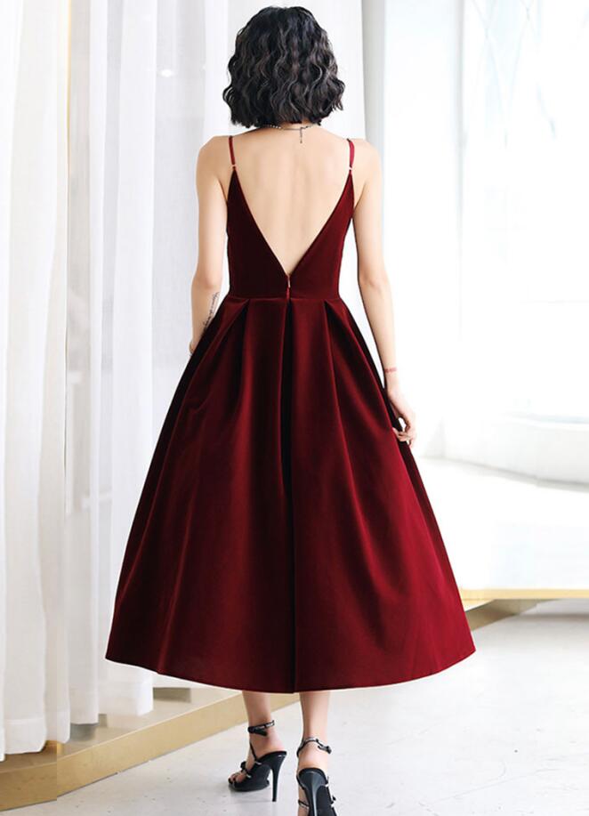 Sexy Velvet Dark Red Backless Straps Wedding Party Dress, Burgundy Sho Cutedressy Sexy Velvet Dark Red Backless Straps Wedding Party Dress, Burgundy Sho Cutedressy
